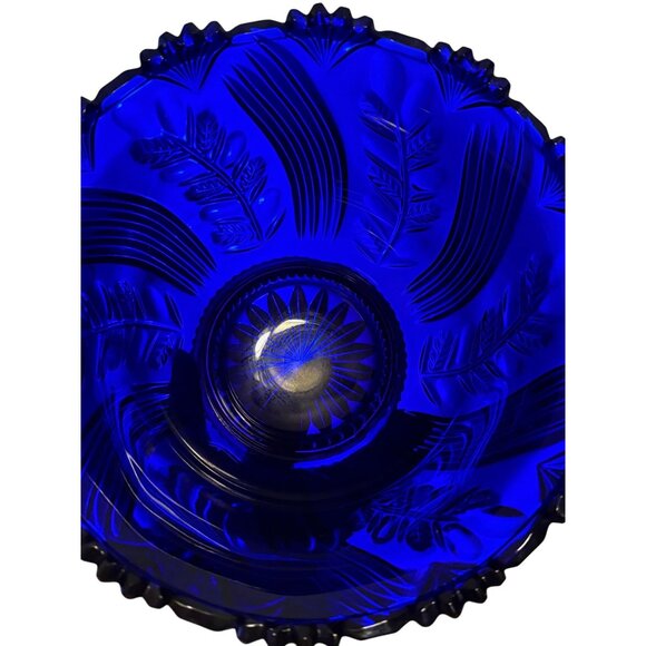 Rare Vintage Large Poland Crystallina Cobalt Blue Glass Footed Fruit Bowl, 9" Di - Picture 2 of 9